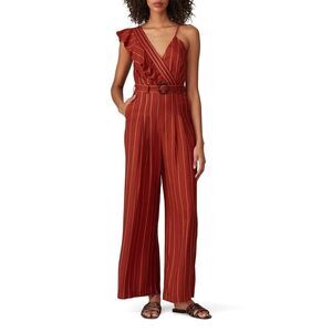Three Floor Margaux Jumpsuit Womens 4 Burnt Orange Linen Striped Ruffle NWT